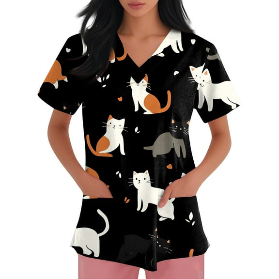 NAMTYQX Scrub Tops Women Loose Fit V Neck Stretchy Casual Short Sleeve Light Black Size 4XL