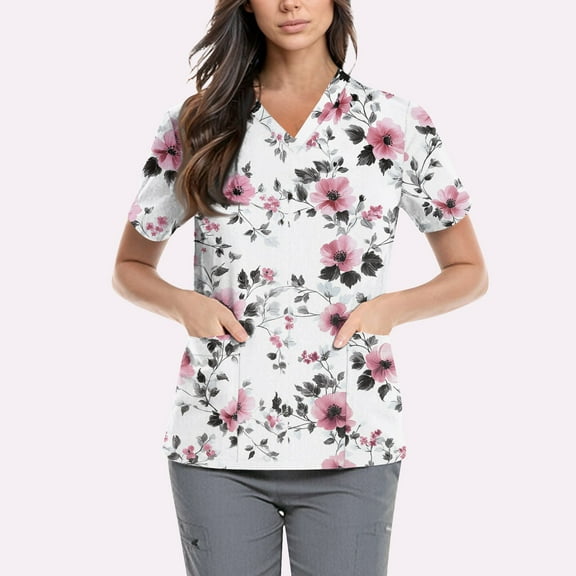 NAMTYQX Scrub Tops Women Loose Fitting Stretch Casual V Neck Short Sleeve White Size 4XL