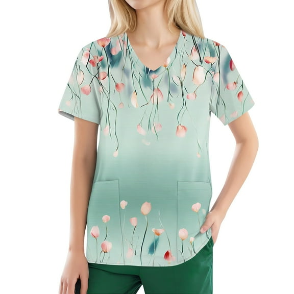 NAMTYQX Scrub Tops Women Loose Fitting V Neck Stretch Light Lounge Short Sleeve Mint Green Size L