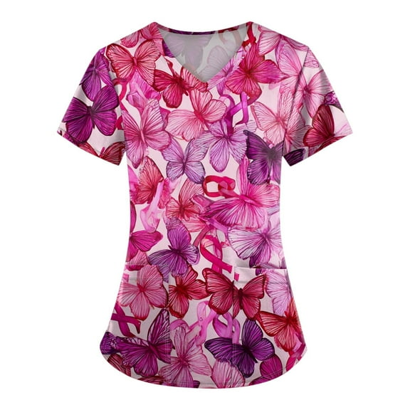 NAMTYQX Scrub Tops Women Short Sleeve Breast Cancer Shirt Purple Size 2XL