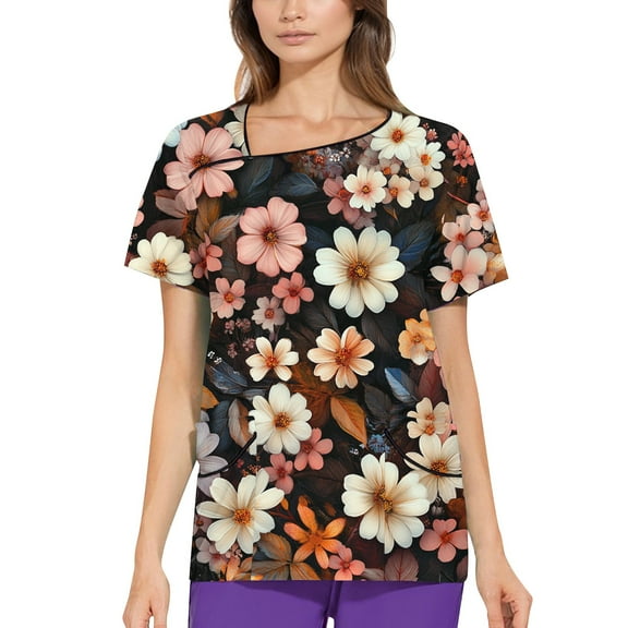 NAMTYQX Scrub Tops Women Stretchy Loose Fit Stretch Casual Short Sleeve Light Asymmetric V Neck Black Size XL