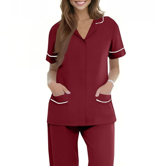 NAMTYQX Scrubs Tops for Women Light Stretch Loose Fit Casual Short Sleeve Button V Neck Wine Size S