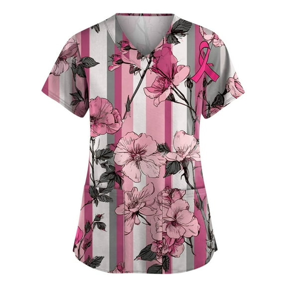 NAMTYQX Scrubs Tops for Women Stretchy Floral Pink Breast Cancer Shirt Light Gray Size XL