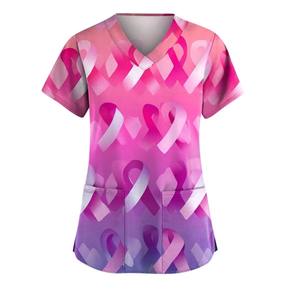 NAMTYQX Scrubs Tops for Women V Neck Stretchy Breast Cancer Tshirt Purple Pink Size XL