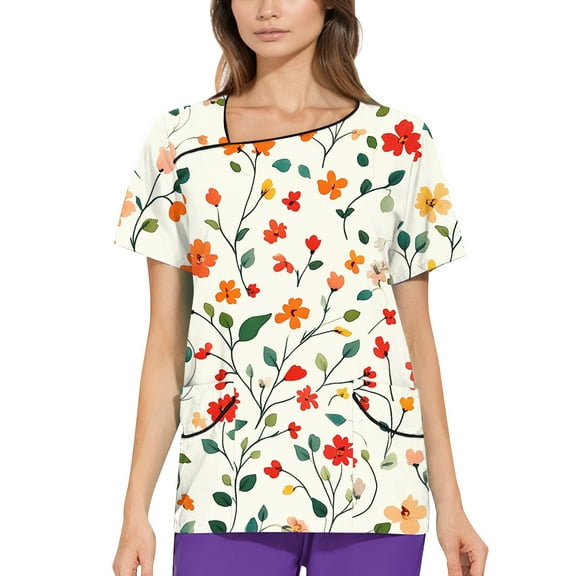 NAMTYQX Scrubs for Women Asymmetric V Neck Casual Stretch Short Sleeve Loose Fit Light White Size XL