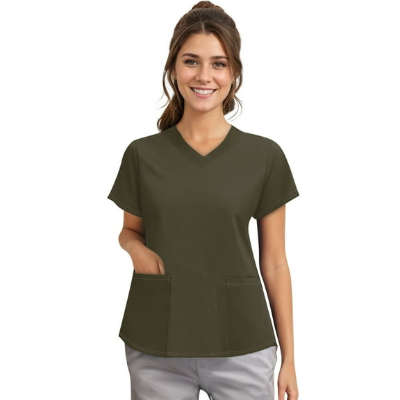 NAMTYQX Scrubs for Women, Classic Fit, Four-Way Stretch, Short Sleeve, V Neck, Anti-Wrinkle Women’s Medical Scrub Top Dark Green Size 2XL