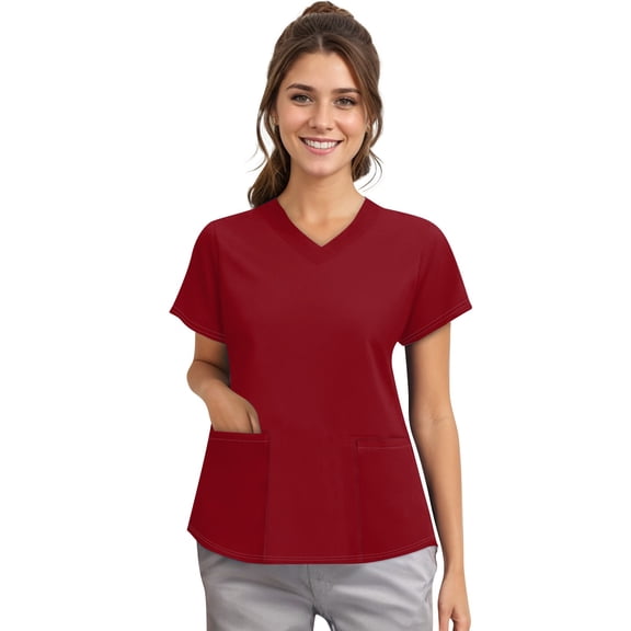 NAMTYQX Scrubs for Women, Classic Fit, Four-Way Stretch, Short Sleeve, V Neck, Anti-Wrinkle Women’s Medical Scrub Top Red Size 3XL