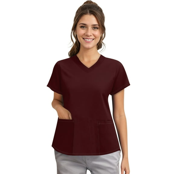NAMTYQX Scrubs for Women, Classic Fit, Four-Way Stretch, Short Sleeve, V Neck, Anti-Wrinkle Women’s Medical Scrub Top Wine Size 2XL