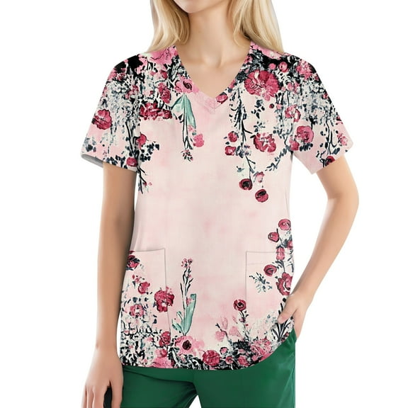 NAMTYQX Scrubs for Women Light Stretchy Casual Loose Fit V Neck Short Sleeve Pink Size 3XL