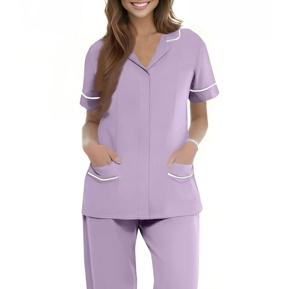 NAMTYQX Scrubs for Women Lightweight Casual Button V Neck Loose Fit Short Sleeve Green Size L