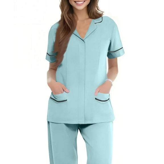 NAMTYQX Scrubs for Women Loose Fit Light Button V Neck Casual Stretch Short Sleeve Navy Size 3XL