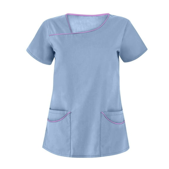 NAMTYQX Scrubs for Women Loose Fitting Stretchy Asymmetric V Neck Short Sleeve Light Sky Blue Size XL