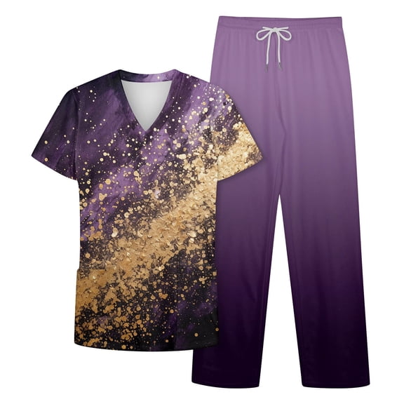 NAMTYQX Scrubs for Women Set 4-Way Stretch Casual Short Sleeve with Pockets V Neck Floral Dark Purple Size M