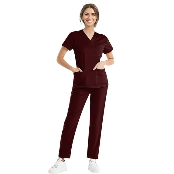 NAMTYQX Scrubs for Women Set V Neck Stretchy Short Sleeve with Pockets Floral Nursing Scrubs Set Uniform Brown Size XL