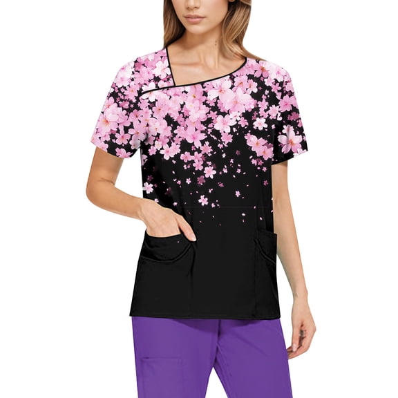 NAMTYQX Scrubs for Women Short Sleeve Casual Asymmetric V Neck Loose Fitting Light Stretch Black Size XL