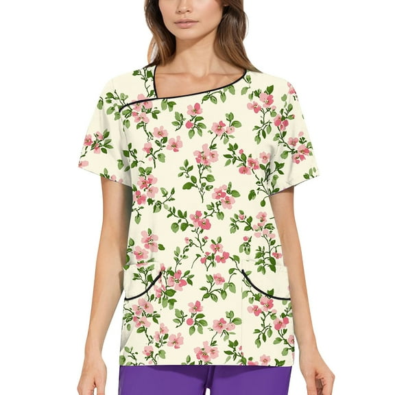 NAMTYQX Scrubs for Women Short Sleeve Light Loose Fitting Stretch V-Neck Casual Beige Size XL