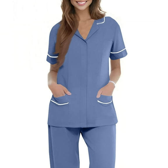 NAMTYQX Scrubs for Women Short Sleeve Loose Fitting Stretchy Button V Neck Lounge Purple Size XL