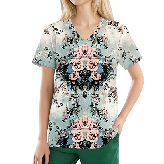NAMTYQX Scrubs for Women Stretch Casual Loose Fitting Short Sleeve Lightweight Cyan Size 5XL