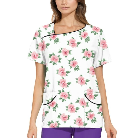 NAMTYQX Scrubs for Women Stretchy Light Casual Short Sleeve Asymmetric V Neck White Size 3XL