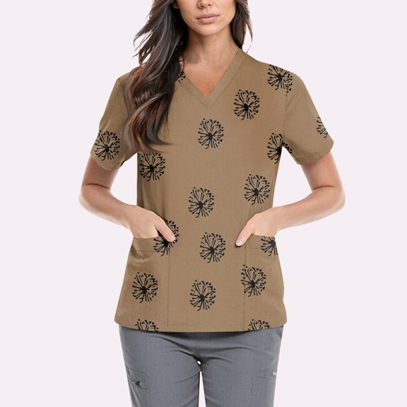NAMTYQX Scrubs for Women Stretchy Loose Fitting Casual Lightweight Vneck Camel Size L
