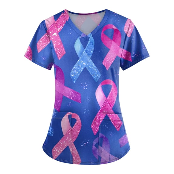 NAMTYQX Scrubs for Women Tops Soft Stylish Breast Cancer Awareness T-Shirts Blue Size 2XL