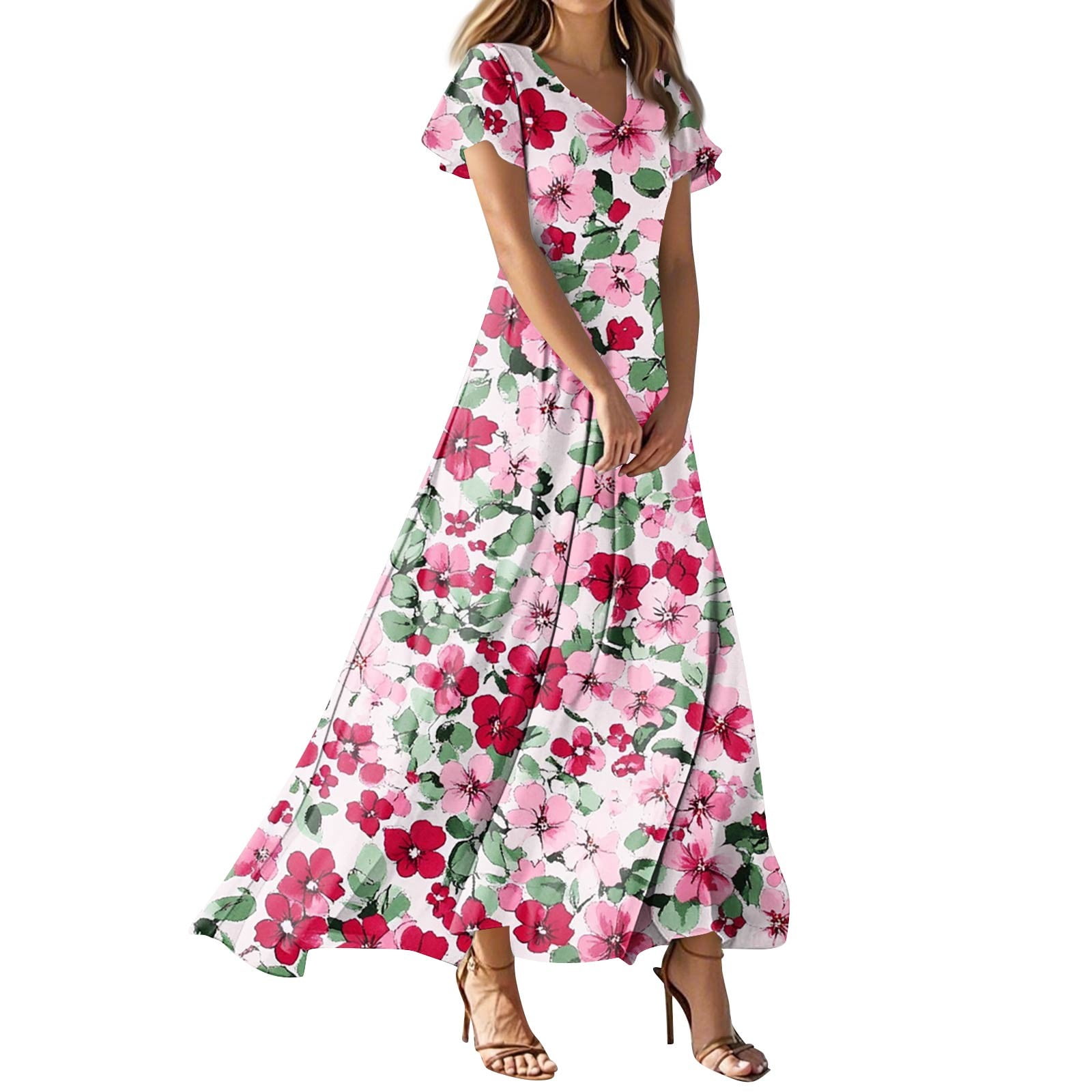 Namtyqx Shirt Dresses for Women High Waist Chiffon Floral V-Neck Maxi Dresses for Women 2025 Purple Size XS, Women's