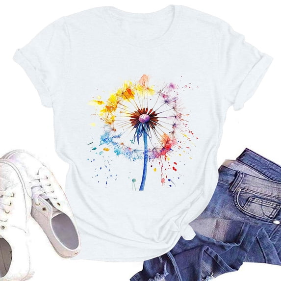 NAMTYQX Shirts for Teens Girls Round Neck Graphic Breathable Lightweight Short Sleeve Baggy Gemustert Trendy Plus Size Summer Shirts for Women White Size M