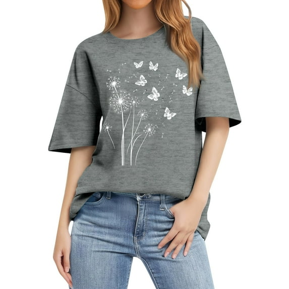 NAMTYQX Shirts for Teens Girls Trendy Mit Muster Oversized Short Sleeve Loose Crewneck Pattern Lightweight Cool Short Sleeve Blouses for Women Gray Size M