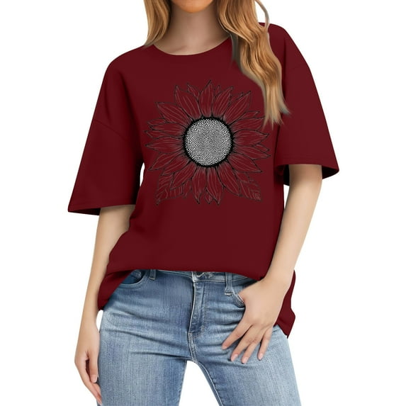 NAMTYQX Shirts for Women Trendy Summer Casual Short Sleeve Lightweight Print Baggy Crew Neck Graphic Plus Size Airoft Summer Blouses for Women 2025 Wine Size XL