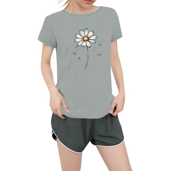 NAMTYQX Shirts for Women Trendy Summer Patterned Stretchy Airoft Mit Print Round Neck Loose Short Sleeve Stylish Plus Size Womens Graphic T Shirts Light Gray Size M