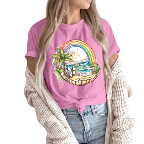 NAMTYQX Shirts for Women Trendy Summer Soft Short Sleeve Print Stretch Plus Size Hawaiian Crewneck Boxy Fit Gemusterte Cute Shirts for Women Pink Size S