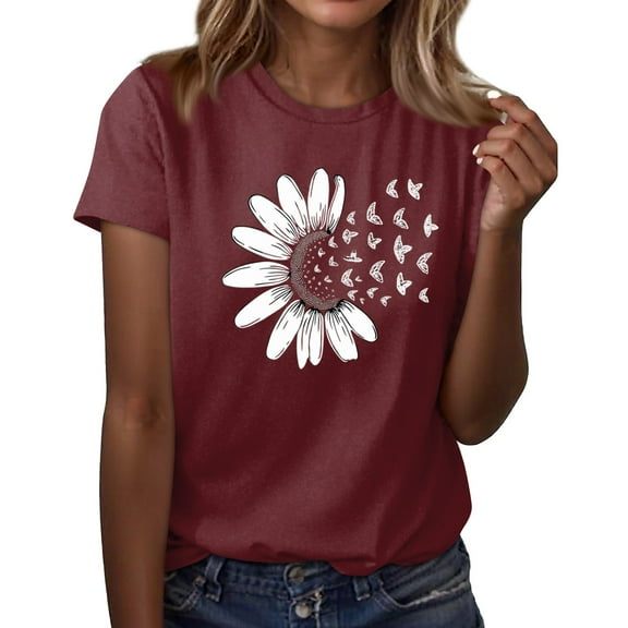 NAMTYQX Shirts for Teens Girls Pattern Short Sleeve Soft Plus Size Boyfriend Light Print Hawaiian Crewneck Womens Graphic Tees Red Size L