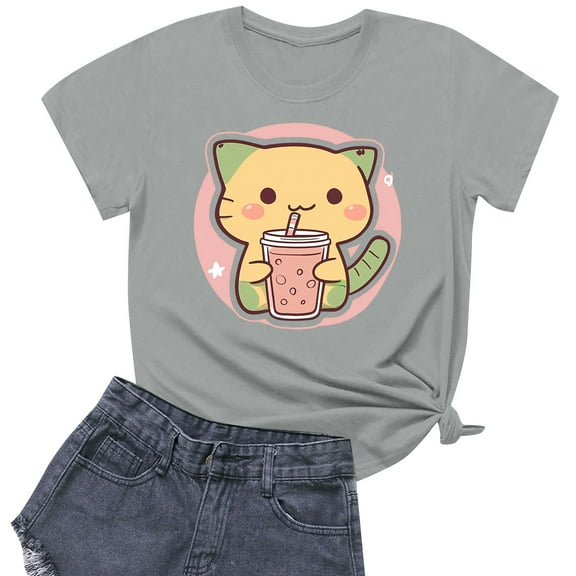 NAMTYQX Shirts for Teens Girls Printed Stretch Gemusterte Short Sleeve Oversized Boxy Fit Cool Hawaii Crewneck Blouses for Women Casual Gray Size XL