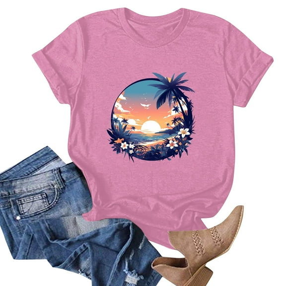 NAMTYQX Shirts for Teens Girls Short Sleeve Printed Cool Casual Crewneck Loose Fit Lightweight Tropischer Druck Plus Size Womens Tops Pink Size L