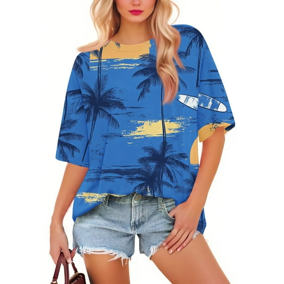 NAMTYQX Shirts for Women Casual Basic Short Sleeve Plus Size Stretch Hip Loose Patterned Scoop Neck Red Size M