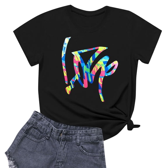 NAMTYQX Shirts for Women Casual Round Neck Graphic Plus Size Muster Stretch Short Sleeve Loose Breathable Womens Short Sleeve Tops Black Size L