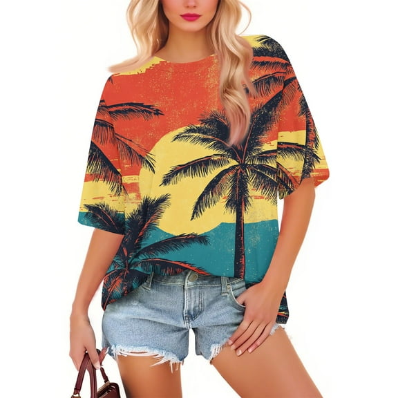 NAMTYQX Shirts for Women Fashion Crew-Neck Short Sleeve Cute Graphic Lounge Plus Size Stretch Loose Fitting Watermelon Red Size XL