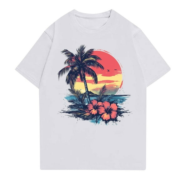NAMTYQX Shirts for Women Loose Fitting Crew Neck Lounge Short Sleeve Plus Size Hawaii Tropical Graphic Classic Lightweight White Size XL