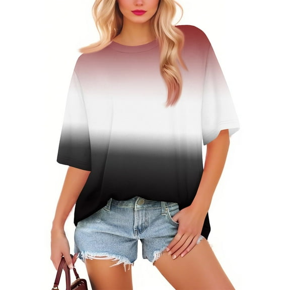 NAMTYQX Shirts for Women Round Neck Lounge Graphic Plus Size Trending Short Sleeve Cute Lightweight Loose Fit Vermilion Size XL