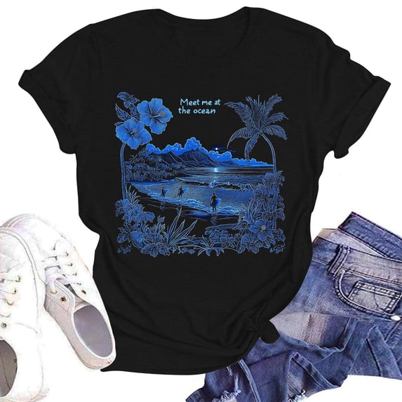 NAMTYQX Shirts for Women Round Neck Stretch Print Boxy Fit Airoft Stylish Plus Size Short Sleeve Gemustert Womens Blouses Black Size M