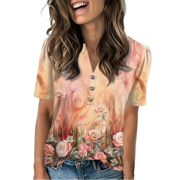 NAMTYQX Shirts for Women Trendy Short Sleeve Plus Size Boxy Fit Trending Comfort Soft Casual Button V Neck Orange Size M