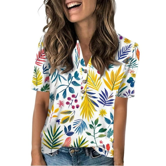 NAMTYQX Shirts for Women Trendy Summer Button V Neck Short Sleeve Casual Women's Summer Tops White Size L
