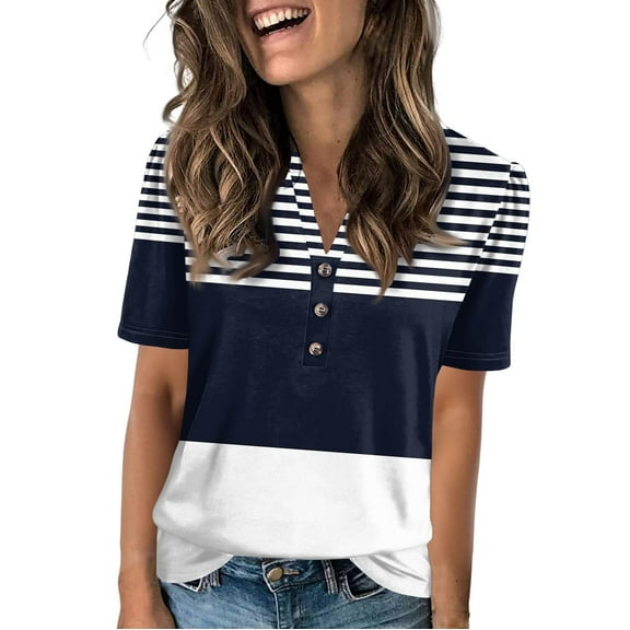 NAMTYQX Shirts for Women Trendy Summer Womens Blouse Crewneck Patterns Loose Short Sleeve T-Shirts for Women Dark Blue Size S