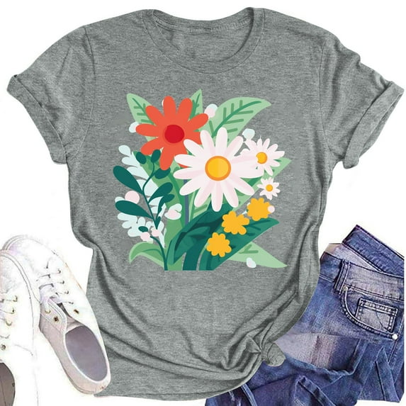 NAMTYQX Short Sleeve Blouses for Women Stretchy Plus Size Print Print Stylish Round Neck Relaxed Fit Breathable Short Sleeve Short Sleeve Tops for Women Gray Size S