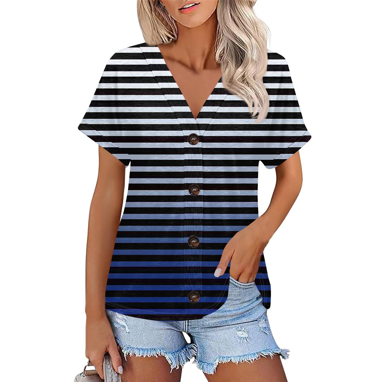 NAMTYQX Short Sleeve Shirts for Women Button Down Open Front V Neck ...