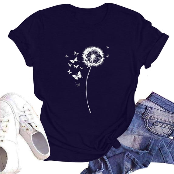 NAMTYQX Short Sleeve Shirts for Women Soft Muster Print Stretch Plus Size Boxy Fit Short Sleeve Trendy Round Neck Womens Short Sleeve Tops Dark Blue Size M