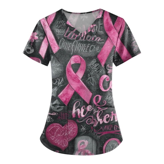 NAMTYQX Short Sleeve Shirts for Women Breast Cancer Scrub Top Light Gray Size S