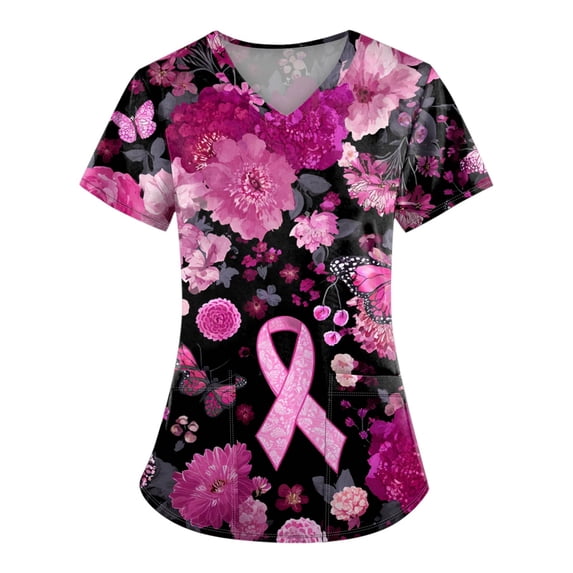 NAMTYQX Short Sleeve Shirts for Women Floral Stretch Breast Cancer Scrub Top Multicolor Size M