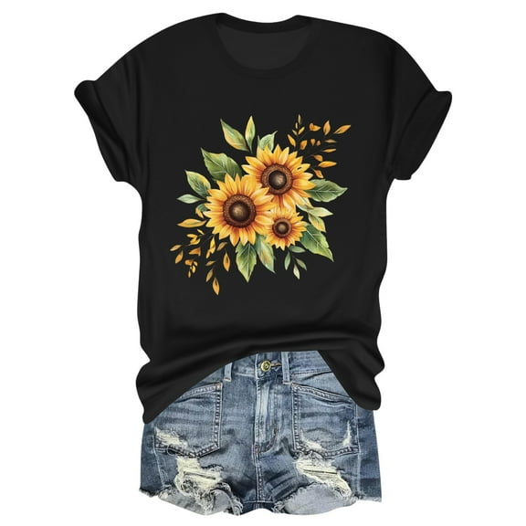 NAMTYQX Short Sleeve Shirts for Women Fullprint Breathable Short Sleeve Print Plus Size Light O-Neck Casual Slack Blouses for Women Black Size 2XL