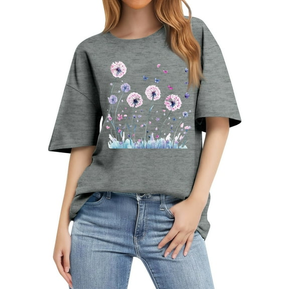 NAMTYQX Short Sleeve Shirts for Women Graphic Classic Slack Plus Size Print Short Sleeve Round Neck Light Soft Womens Summer Tops Gray Size S